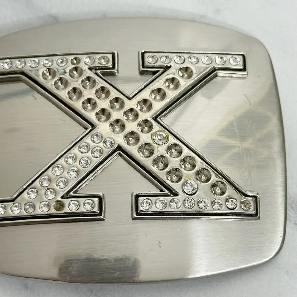 Rhinestone Studded X Letter Initial Monogram Silver Tone Belt Buckle
